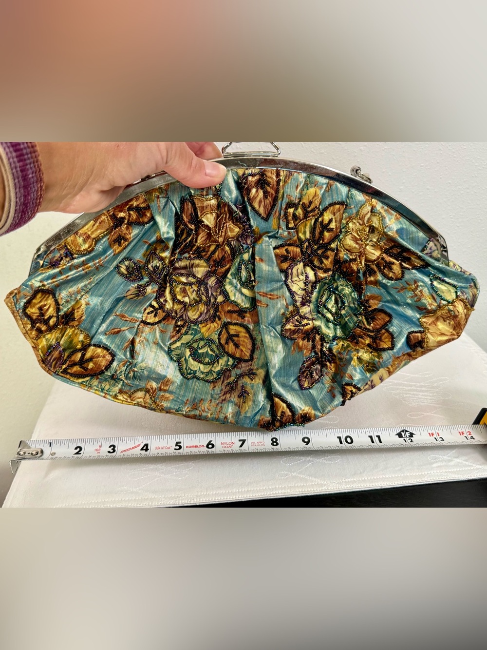 Vintage Floral Beaded Embroidered Frame Handbag Aqua Evening Bag - Picture 5 of 8